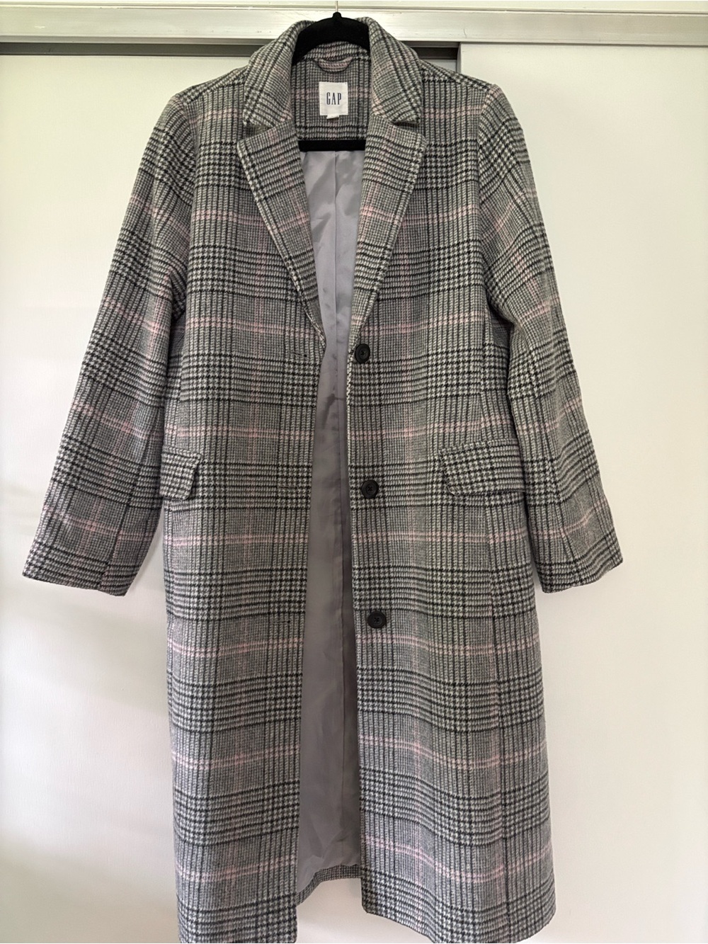 GAP Women's small Gray & Pink Plaid Long Wool Blend Trench Coat